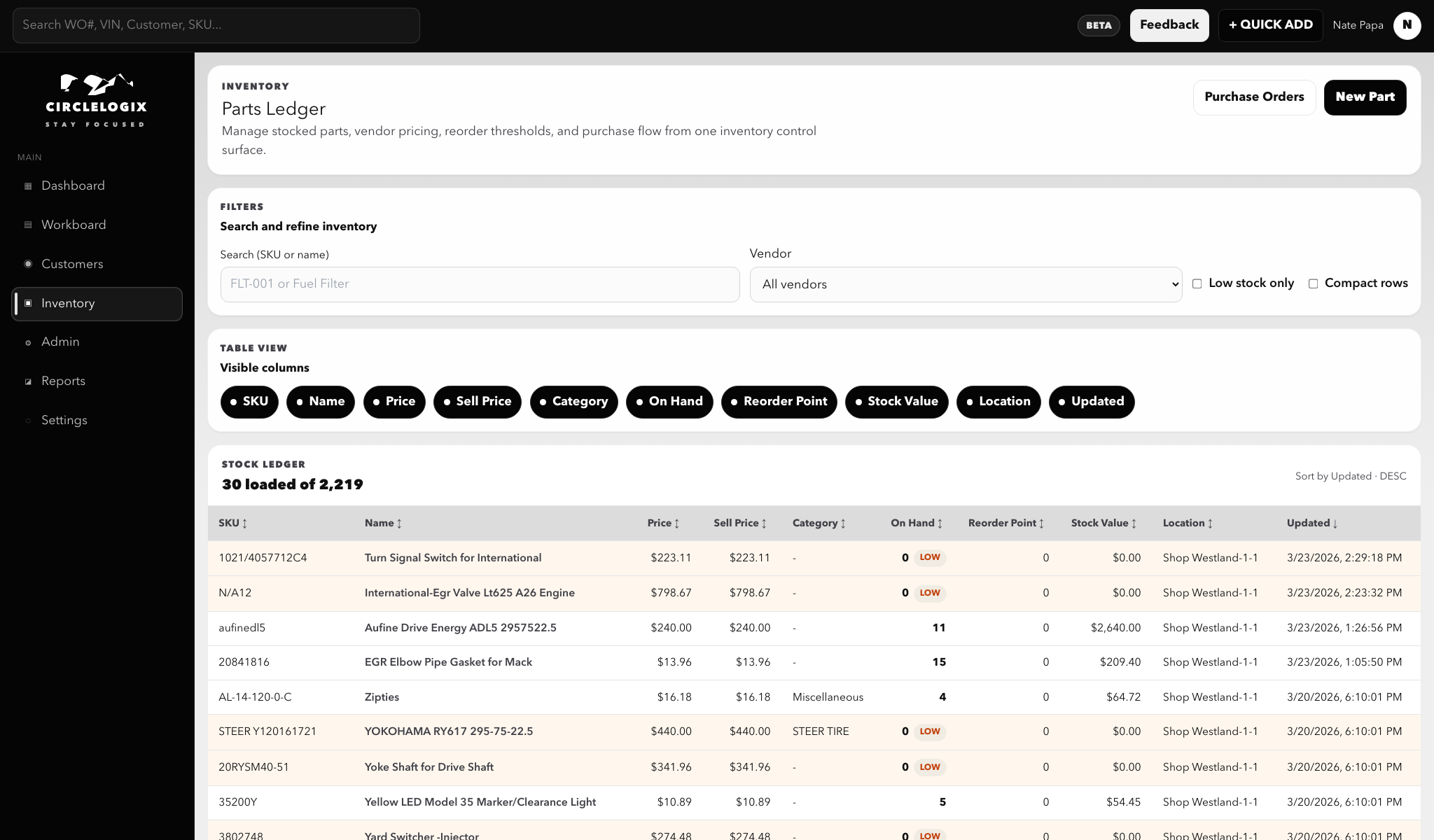 CircleLogix inventory ledger showing stocked parts, vendors, pricing, and on-hand counts